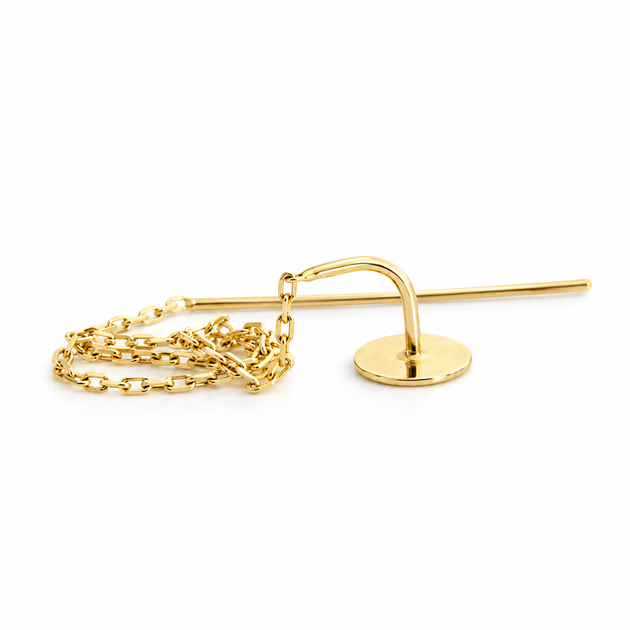 14K solid yellow gold small flat disc pull-through threader single earring with delicate chain on a white background.