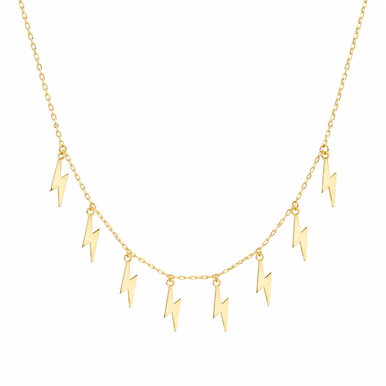 14K solid yellow gold adjustable choker necklace with multiple dangling lightning bolt charms and slide clasp, adjustable up to 18 inches, on a white background.