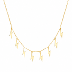 14K solid yellow gold adjustable choker necklace with multiple dangling lightning bolt charms and slide clasp, adjustable up to 18 inches, on a white background.