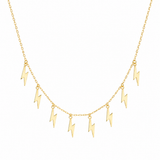 14K solid yellow gold adjustable choker necklace with multiple dangling lightning bolt charms and slide clasp, adjustable up to 18 inches, on a white background.
