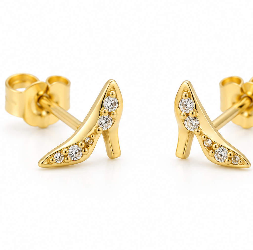 14K yellow gold high heel shoe stud earrings with four round cubic zirconia stones on each earring and butterfly backs, on a white background.