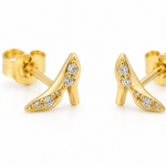 14K yellow gold high heel shoe stud earrings with four round cubic zirconia stones on each earring and butterfly backs, on a white background.