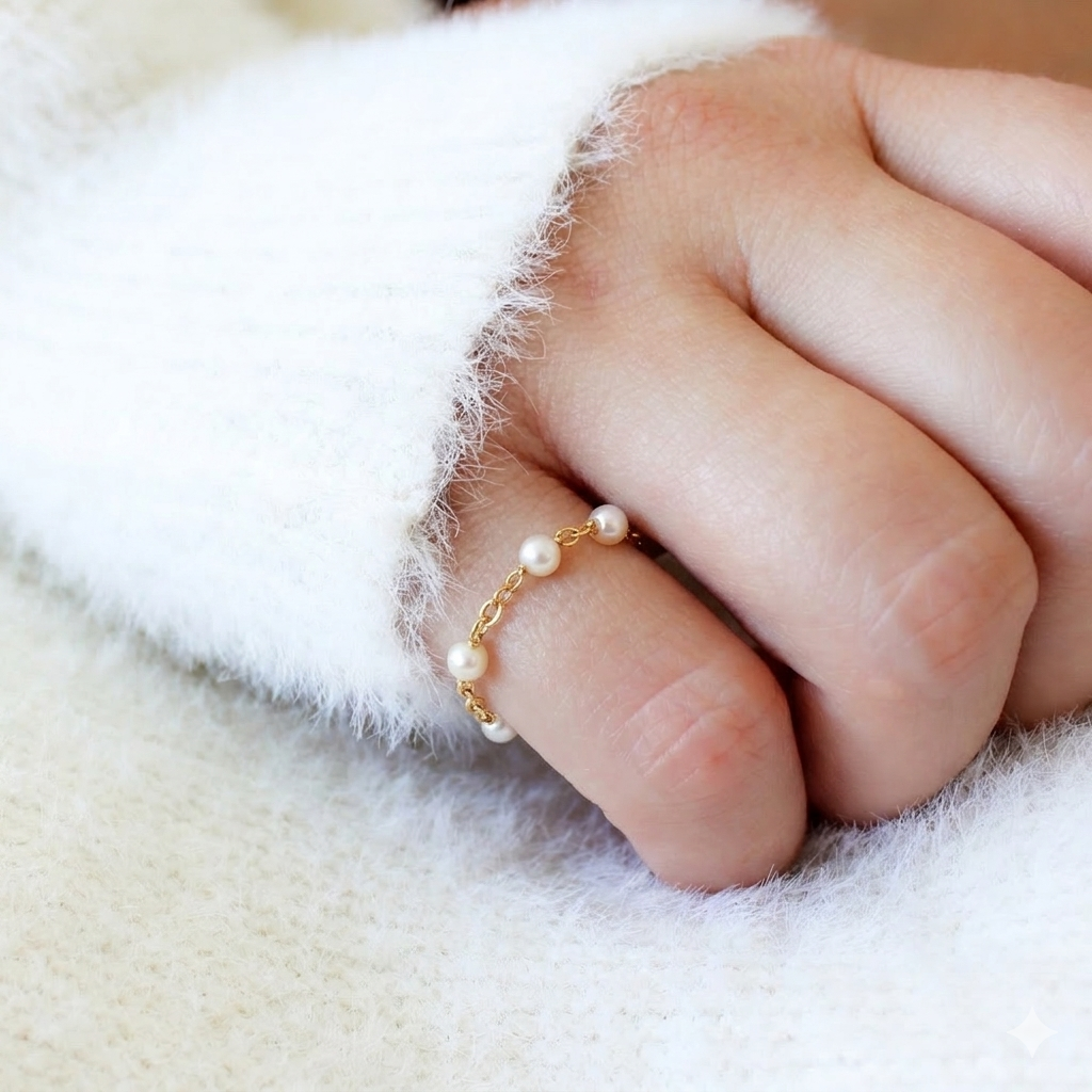 14k yellow gold pearl bead chain ring with five white pearls worn on hand
