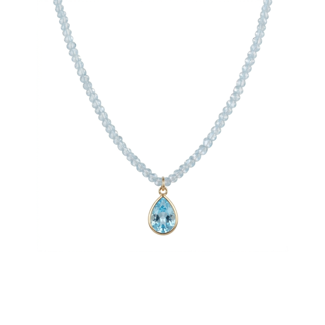 14k yellow gold blue topaz gemstone bead necklace with pear drop pendant