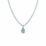 14k yellow gold blue topaz gemstone bead necklace with pear drop pendant