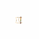Gold hoop earring with multicolored gemstones on a white background