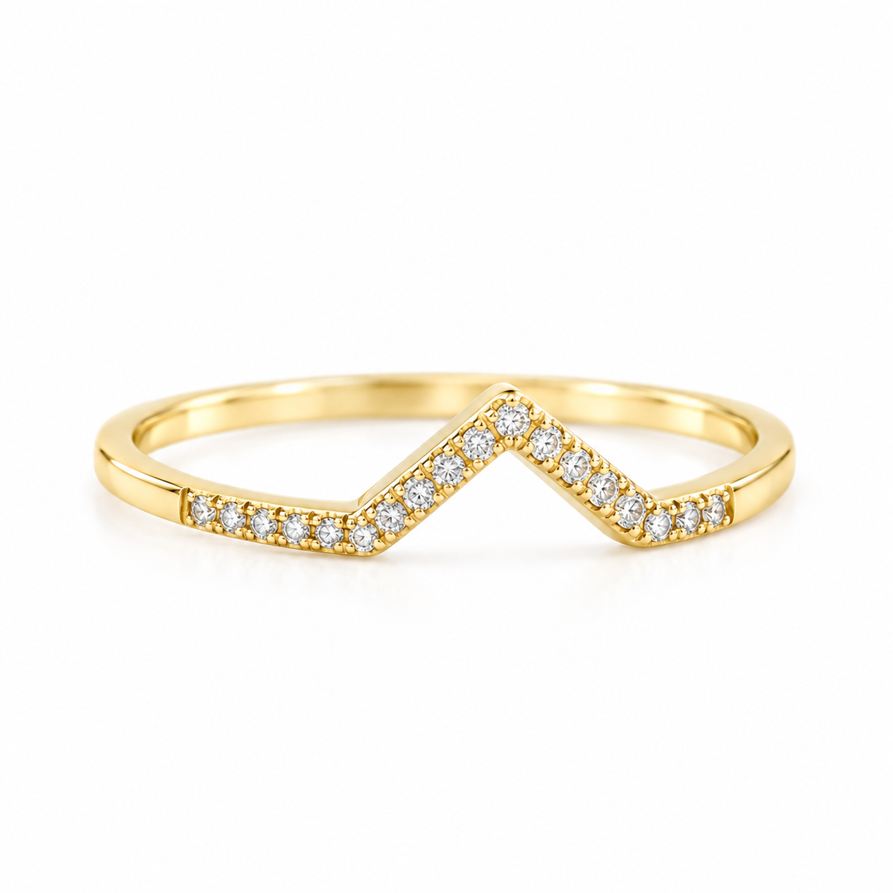 14K solid yellow gold chevron stackable ring with 0.12 CTW natural diamonds, size 7, on a white background.