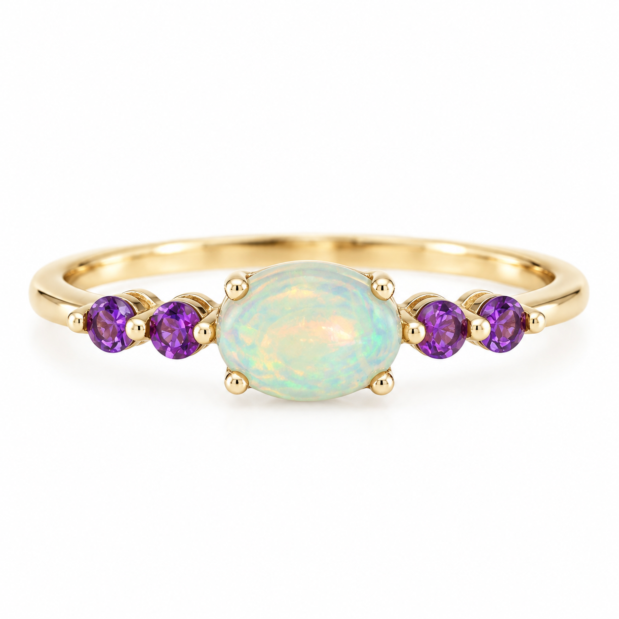 10K solid yellow gold ring with oval opal center stone and four round amethyst accents, size 7, on a white background.