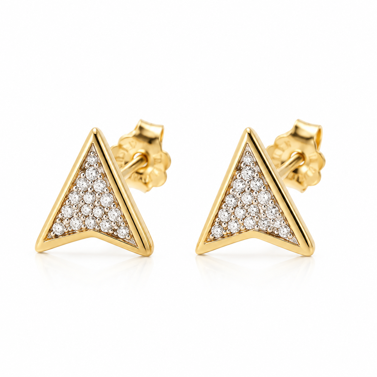 10K solid yellow gold arrow stud earrings with 0.11 CTW natural pavé diamonds and push backs