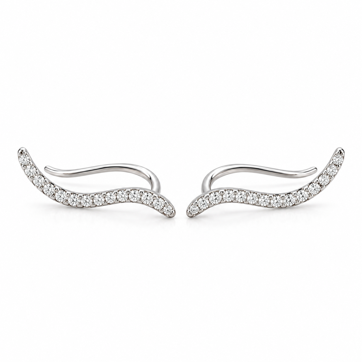 10K solid white gold diamond climber earrings with 0.10 CTW natural pavé diamonds on a white background.