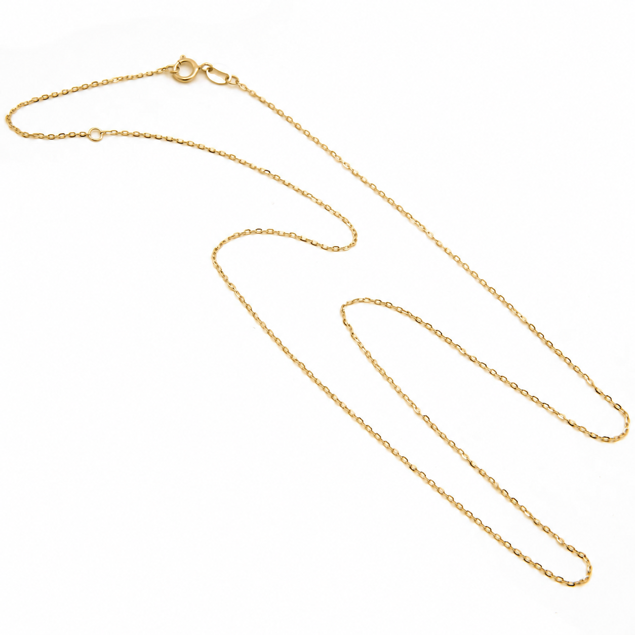 14K solid yellow gold delicate cable chain with spring ring clasp displayed on a white background.