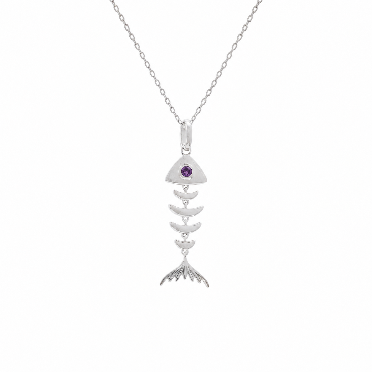 925 sterling silver articulated fishbone necklace with approximately 0.11 ct round purple amethyst eye and adjustable 16 to 18 inch chain on a white background.