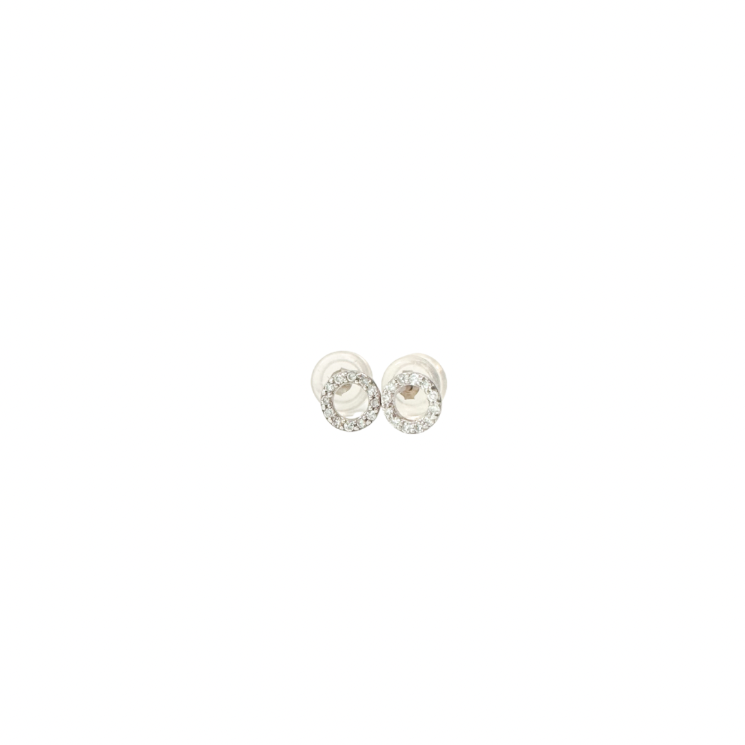 Pair of silver earrings with clear gemstones on a white background