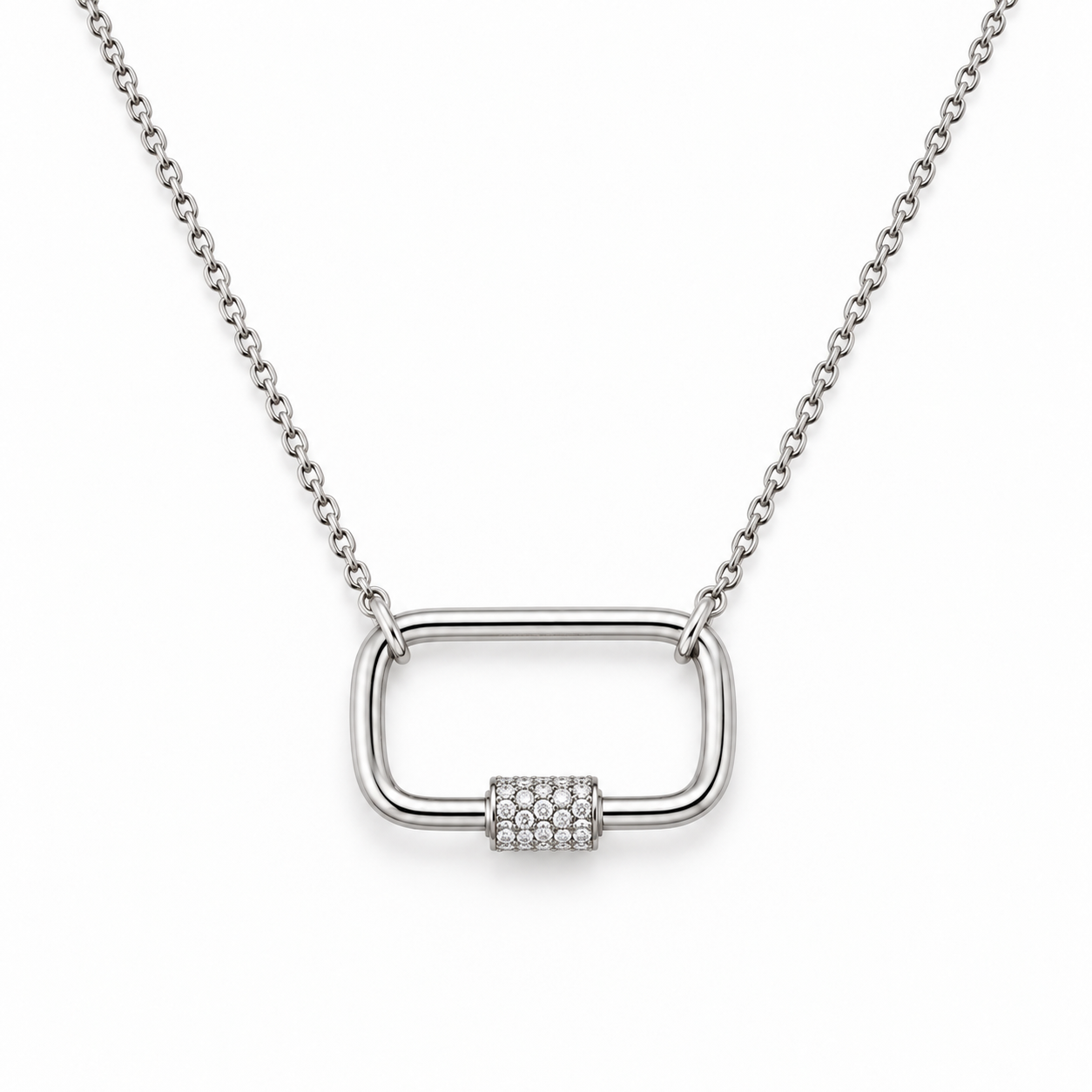 14K solid white gold carabiner necklace with 0.12 CTW natural diamonds, adjustable 15 to 16 inch chain and fancy lobster clasp on a white background.