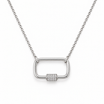 14K solid white gold carabiner necklace with 0.12 CTW natural diamonds, adjustable 15 to 16 inch chain and fancy lobster clasp on a white background.