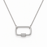 14K solid white gold carabiner necklace with 0.12 CTW natural diamonds, adjustable 15 to 16 inch chain and fancy lobster clasp on a white background.