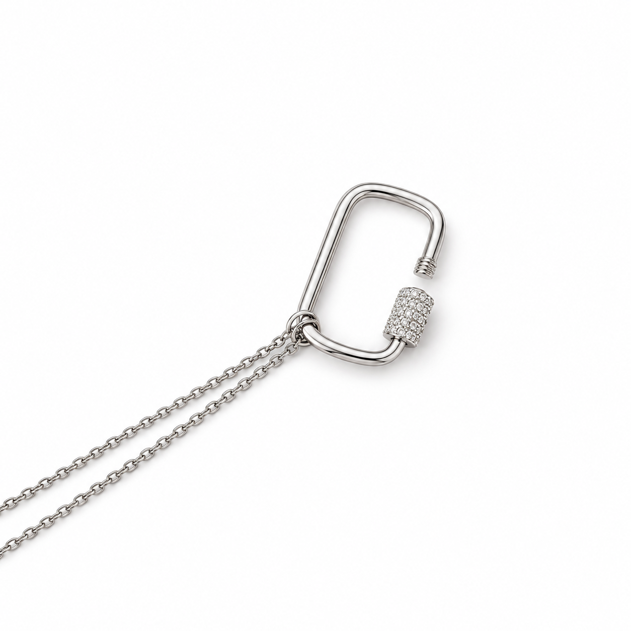 14K solid white gold carabiner necklace with 0.12 CTW natural diamonds, adjustable 15 to 16 inch chain and fancy lobster clasp on a white background.