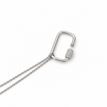 14K solid white gold carabiner necklace with 0.12 CTW natural diamonds, adjustable 15 to 16 inch chain and fancy lobster clasp on a white background.