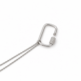 14K solid white gold carabiner necklace with 0.12 CTW natural diamonds, adjustable 15 to 16 inch chain and fancy lobster clasp on a white background.