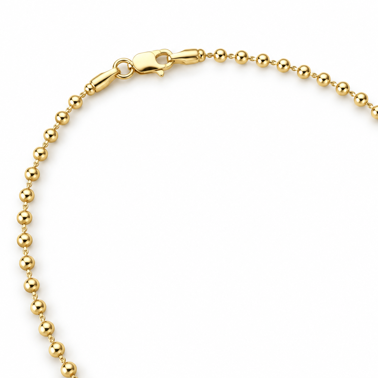 10K/14K solid yellow gold toilet chain anklet with 2.07 mm polished round beads and lobster clasp on a white background.