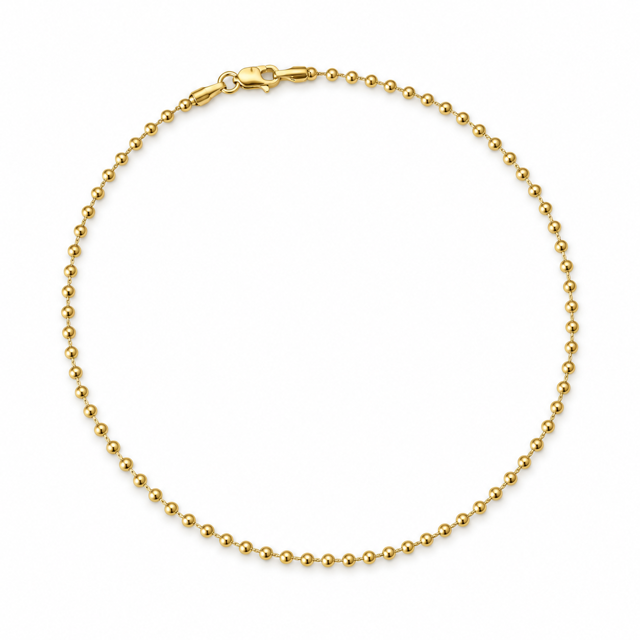 10K/14K solid yellow gold toilet chain anklet with 2.07 mm polished round beads and lobster clasp on a white background.