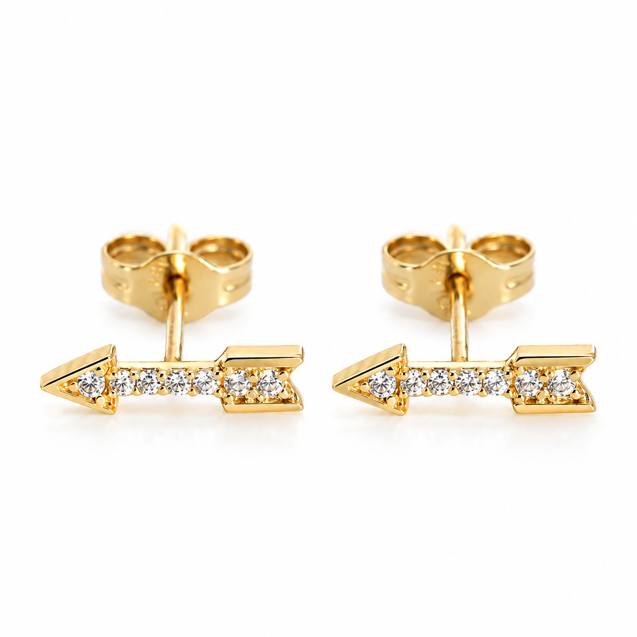  14K solid yellow gold arrow stud earrings with cubic zirconia stones and butterfly push back on a white background.
