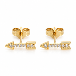  14K solid yellow gold arrow stud earrings with cubic zirconia stones and butterfly push back on a white background.