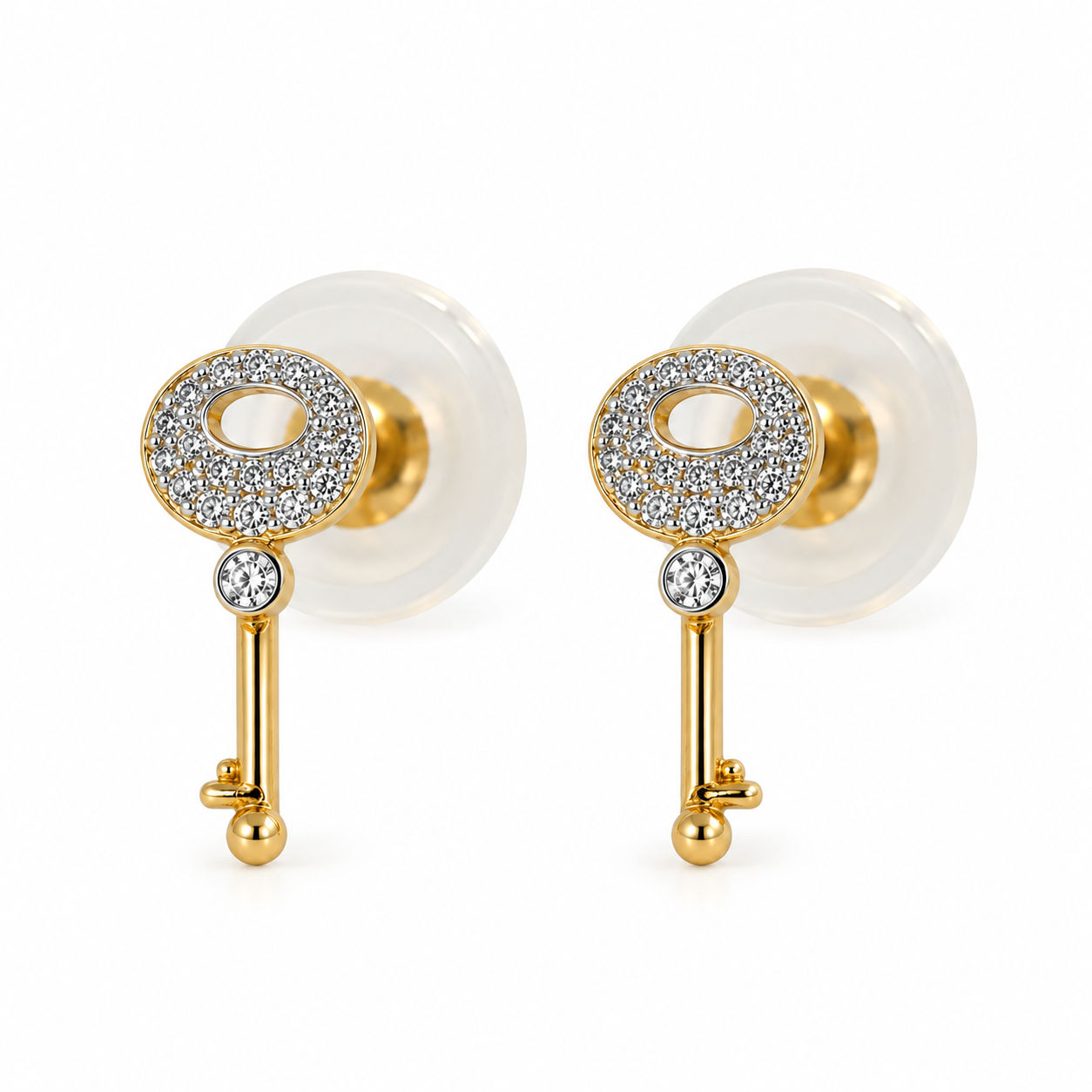 18K solid yellow gold key stud earrings with 0.06 CTW pavé diamonds, butterfly backs and silicone support discs, shown as a pair on a white background.