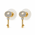 18K solid yellow gold key stud earrings with 0.06 CTW pavé diamonds, butterfly backs and silicone support discs, shown as a pair on a white background.