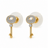 18K solid yellow gold key stud earrings with 0.06 CTW pavé diamonds, butterfly backs and silicone support discs, shown as a pair on a white background.