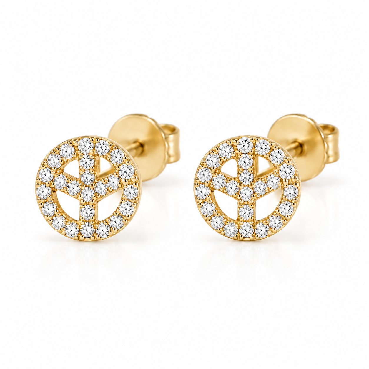 14K solid yellow gold peace sign stud earrings with 0.18 CTW natural pavé diamonds and round butterfly backs, shown as a pair on a white background.