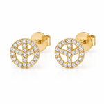 14K solid yellow gold peace sign stud earrings with 0.18 CTW natural pavé diamonds and round butterfly backs, shown as a pair on a white background.