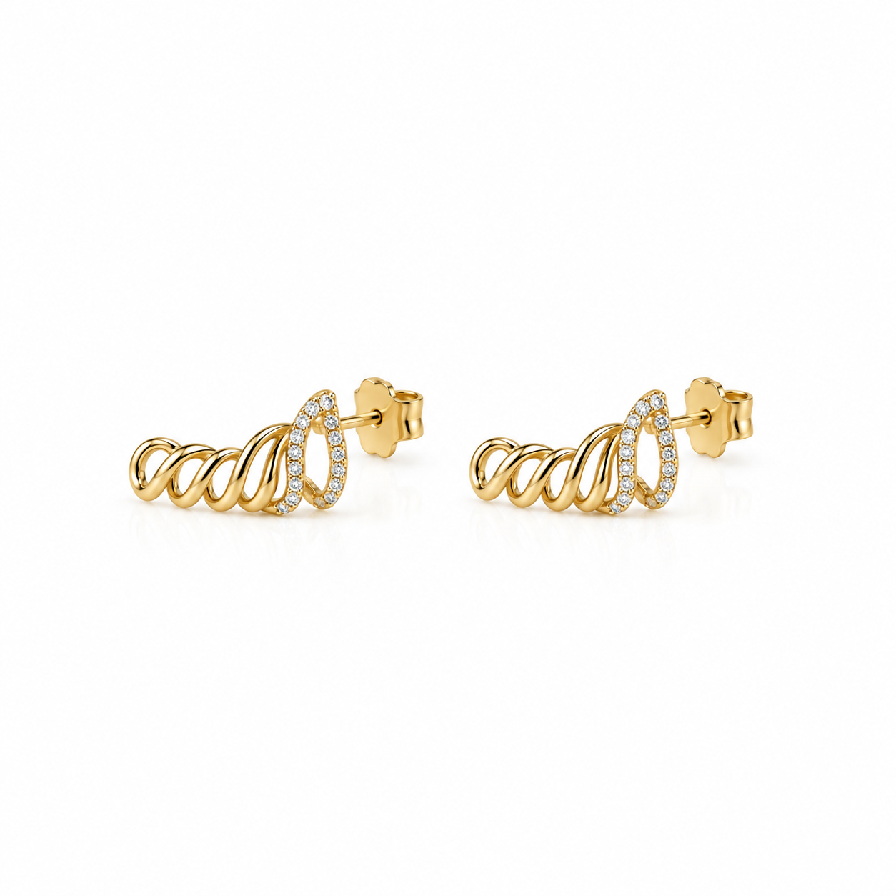 10K solid yellow gold wing stud earrings with 0.15 CTW natural pavé diamonds and butterfly push backs on a white background.