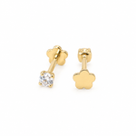 14K solid yellow gold solitaire piercing earring with round cubic zirconia in a four-prong setting and flower-shaped backing, shown from front and back on a white background. Sold individually.