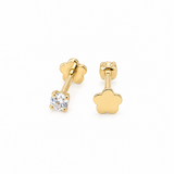14K solid yellow gold solitaire piercing earring with round cubic zirconia in a four-prong setting and flower-shaped backing, shown from front and back on a white background. Sold individually.