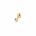 14K solid yellow gold solitaire piercing earring with round cubic zirconia in a four-prong setting and flower-shaped backing, shown from front and back on a white background. Sold individually.