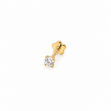 14K solid yellow gold solitaire piercing earring with round cubic zirconia in a four-prong setting and flower-shaped backing, shown from front and back on a white background. Sold individually.