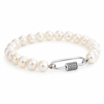 White pearl bracelet with a silver-tone carabiner clasp featuring a pavé-set cylindrical closure, photographed on a white background.
