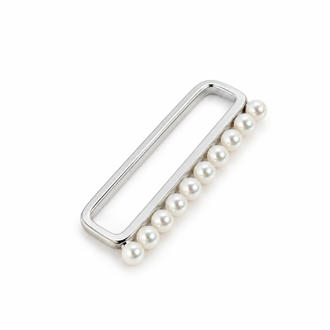 925 sterling silver rectangular bar ear cuff featuring a row of white pearls and a polished finish on a white background.