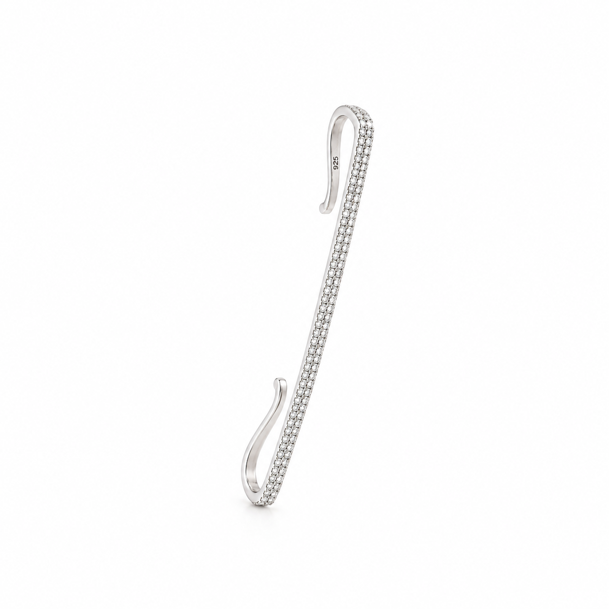 925 sterling silver long bar ear cuff with sparkling cubic zirconia accents and an elongated curved design on a white background.