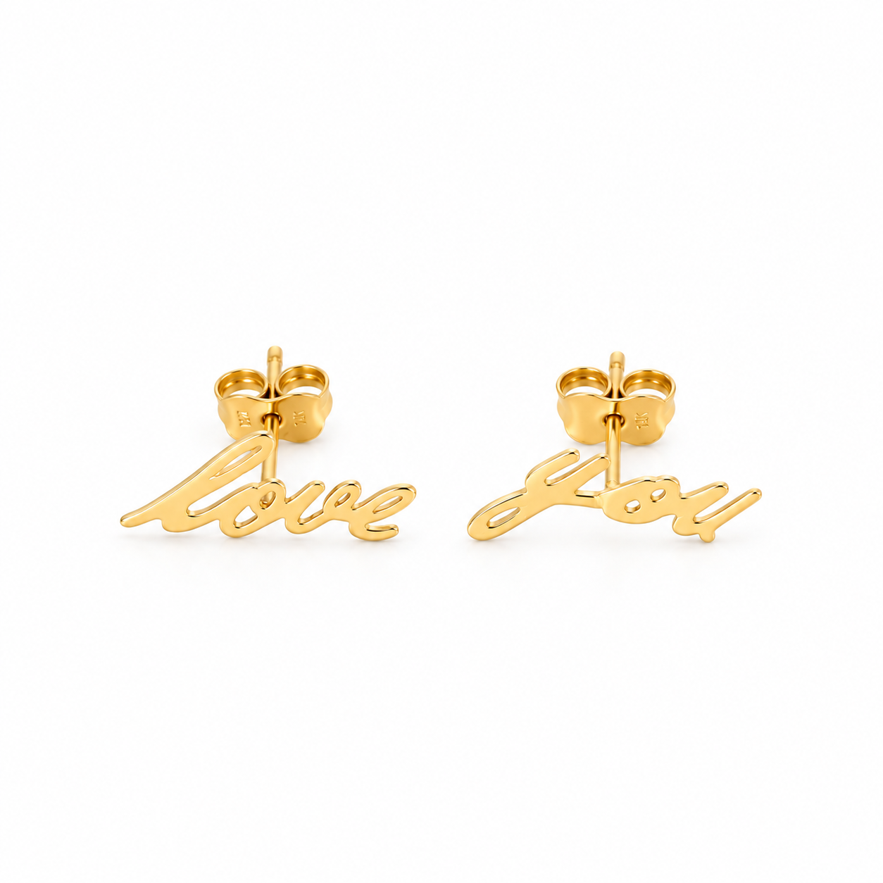 Yellow gold Love script stud earrings with polished finish and butterfly push backs, shown as a pair on a white background.
