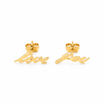 Yellow gold Love script stud earrings with polished finish and butterfly push backs, shown as a pair on a white background.