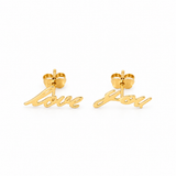 Yellow gold Love script stud earrings with polished finish and butterfly push backs, shown as a pair on a white background.