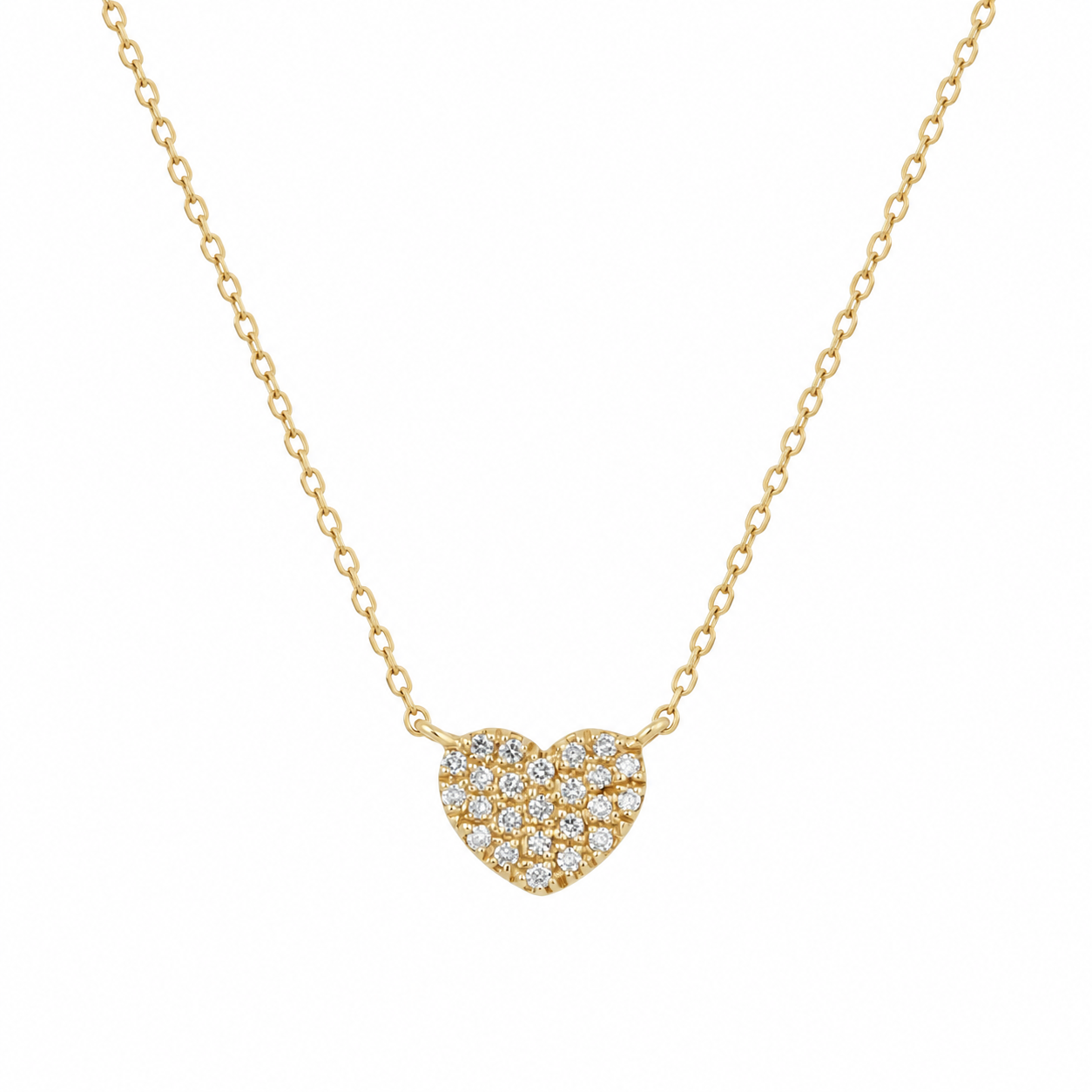 14K solid yellow gold heart necklace with 0.08 CTW pavé diamonds and adjustable 16 to 18 inch chain on a white background.