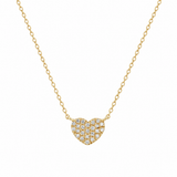 14K solid yellow gold heart necklace with 0.08 CTW pavé diamonds and adjustable 16 to 18 inch chain on a white background.