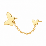 14K solid yellow gold butterfly chain-connected single earring featuring two butterfly studs joined by a delicate round-link chain, on a white background.