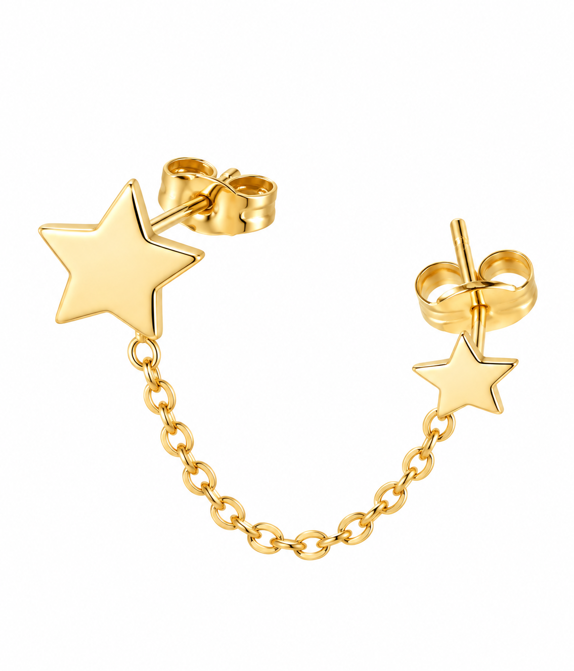 14K solid yellow gold star chain-connected single earring featuring two star studs linked by a delicate oval-link chain, with butterfly backs, on a white background.