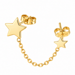 14K solid yellow gold star chain-connected single earring featuring two star studs linked by a delicate oval-link chain, with butterfly backs, on a white background.