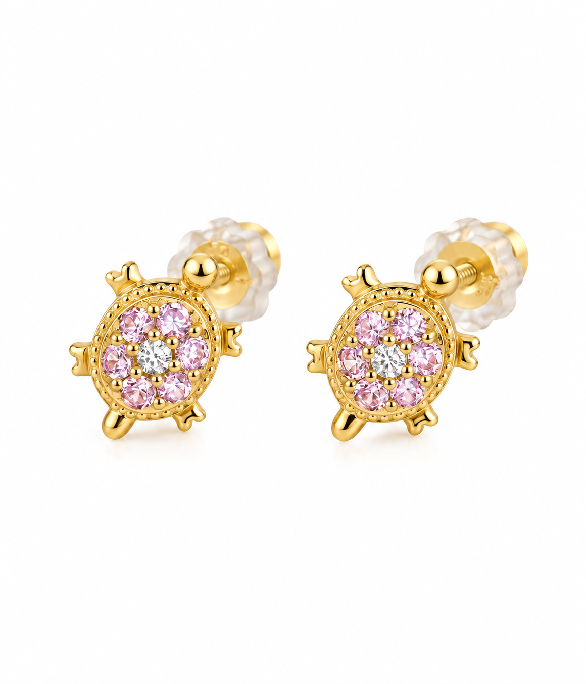 14K solid yellow gold turtle stud earrings with pink and clear cubic zirconia stones and screw backs, shown as a pair on a white background.