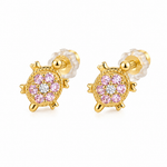 14K solid yellow gold turtle stud earrings with pink and clear cubic zirconia stones and screw backs, shown as a pair on a white background.